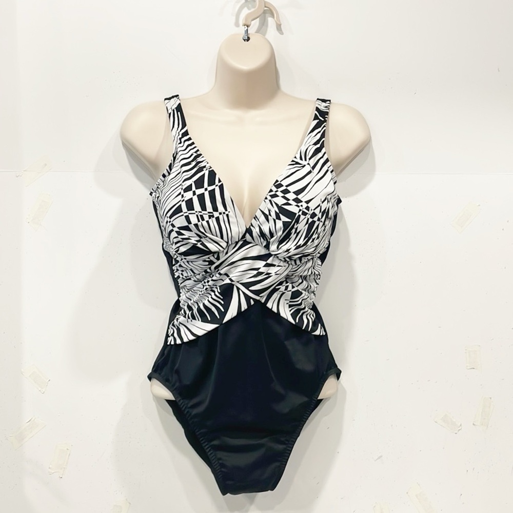 Caribbean Joe | Slimshaper Womens Sz 8 One‎ Piece Swimsuit Black White Tropical